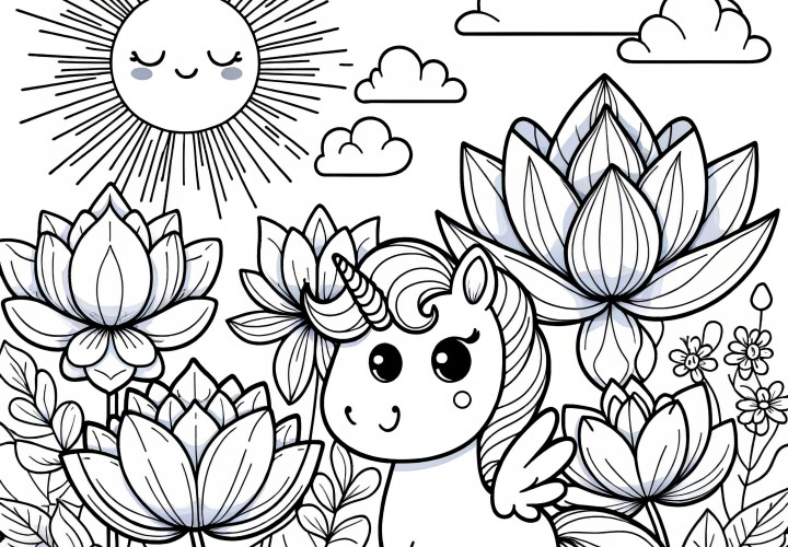 Unicórnio entre flores de lótus como desenho para colorir (gratuito)