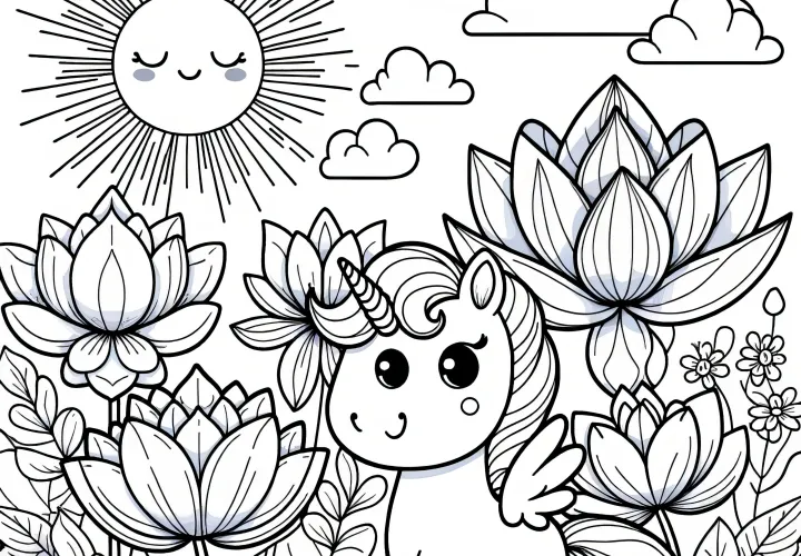 Unicórnio entre flores de lótus como desenho para colorir (gratuito)