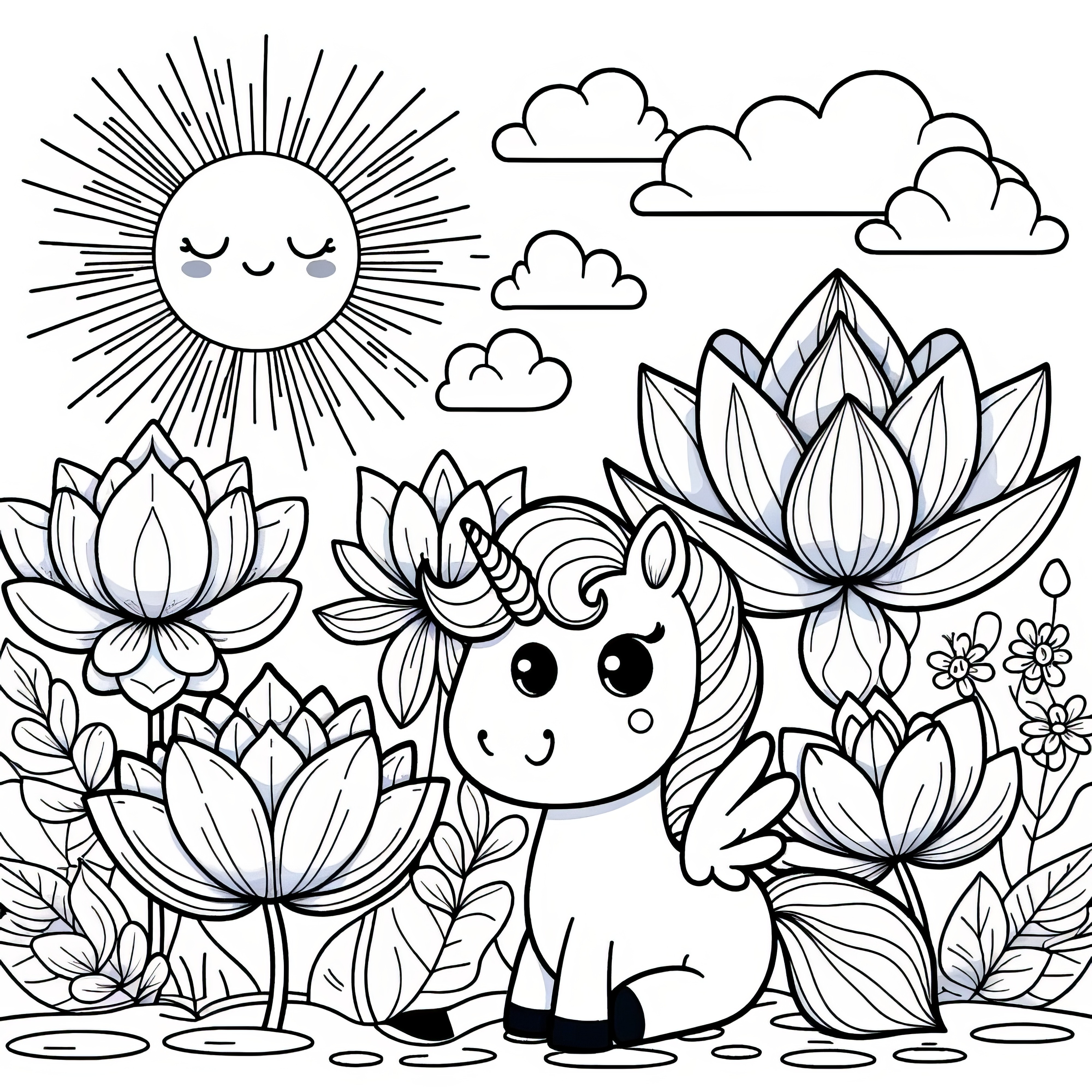 Unicórnio entre flores de lótus como desenho para colorir (gratuito)