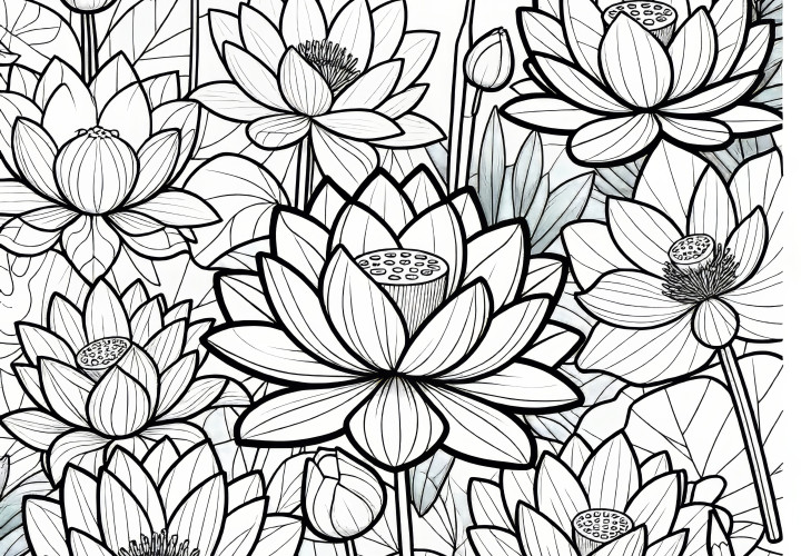 Elegant lotus flowers: coloring page for download (for free)