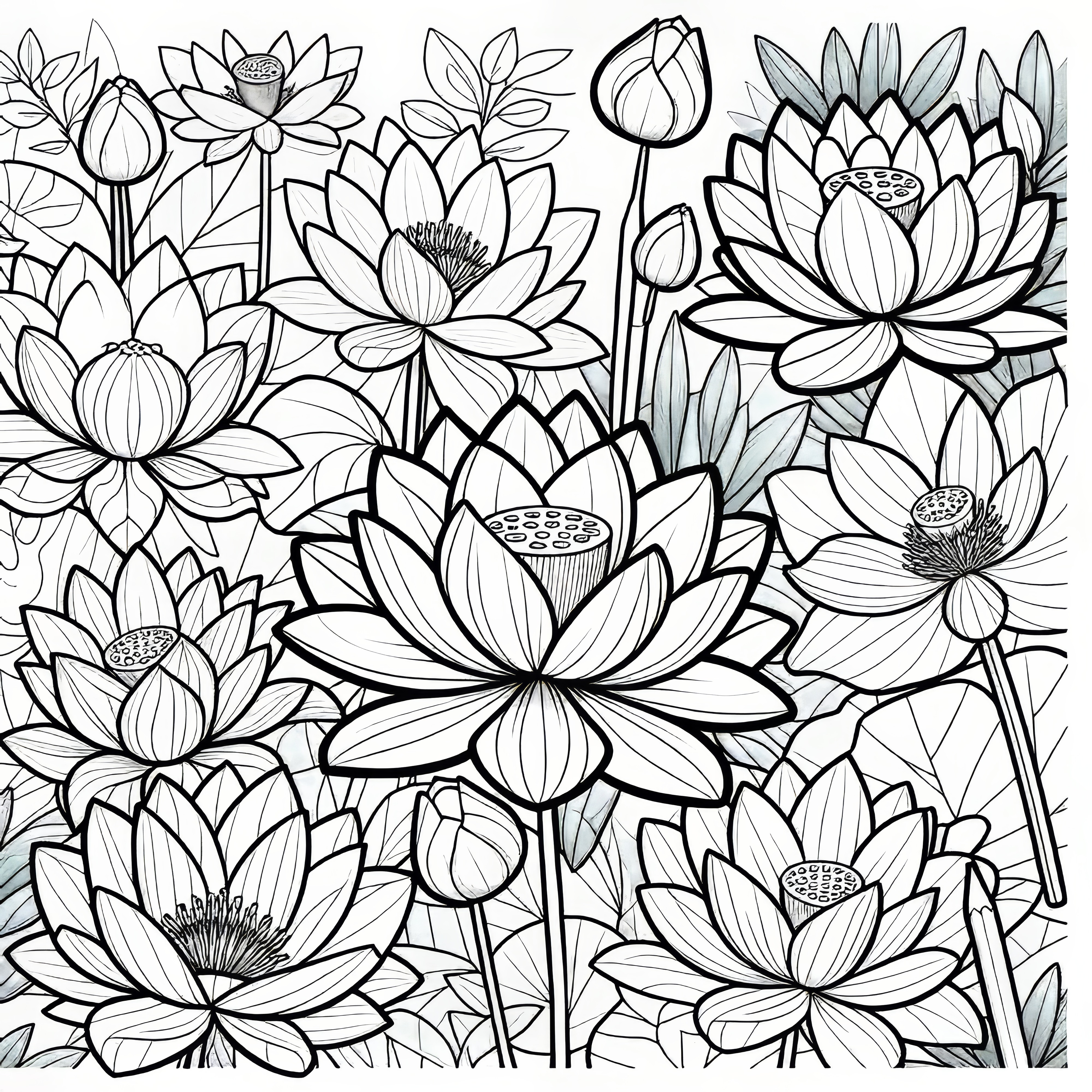 Elegant lotus flowers: coloring picture for download (Free)