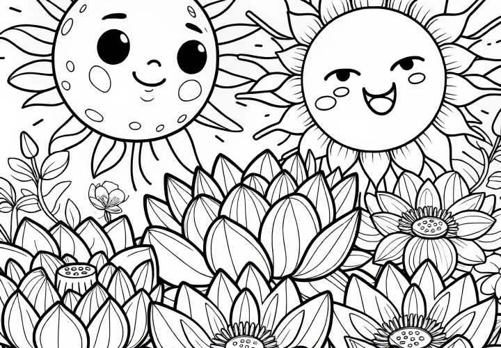 Lotus flowers with two happy suns: Coloring picture for download (Free)