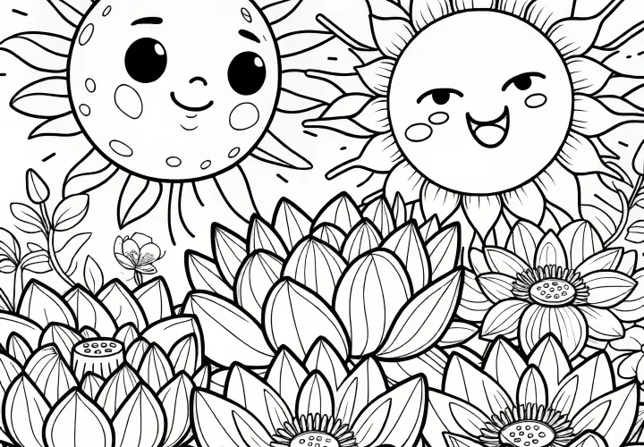 Fiori di loto con due soli allegri: disegno da colorare da scaricare (Gratis)