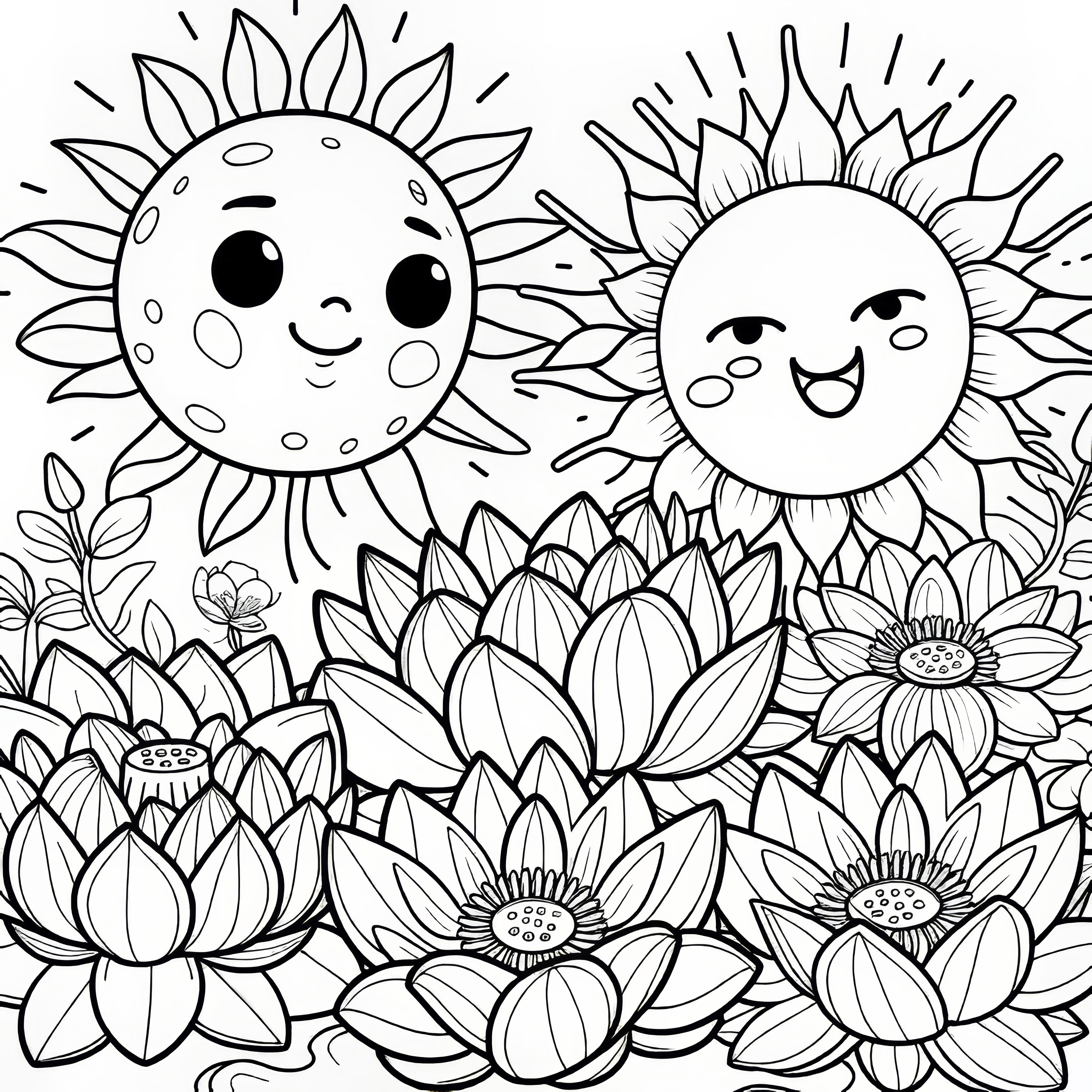 Flores de lótus com dois sóis alegres: Quadro para colorir para descarregar (gratuito)