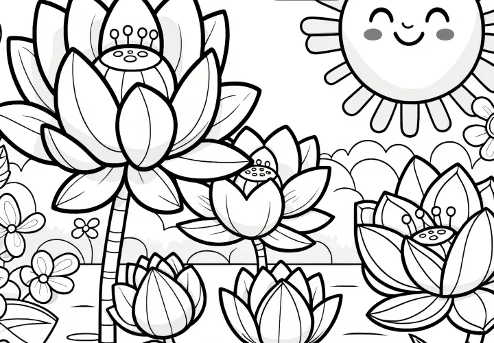 Lotus blossoms for coloring with a friendly sun (Free)