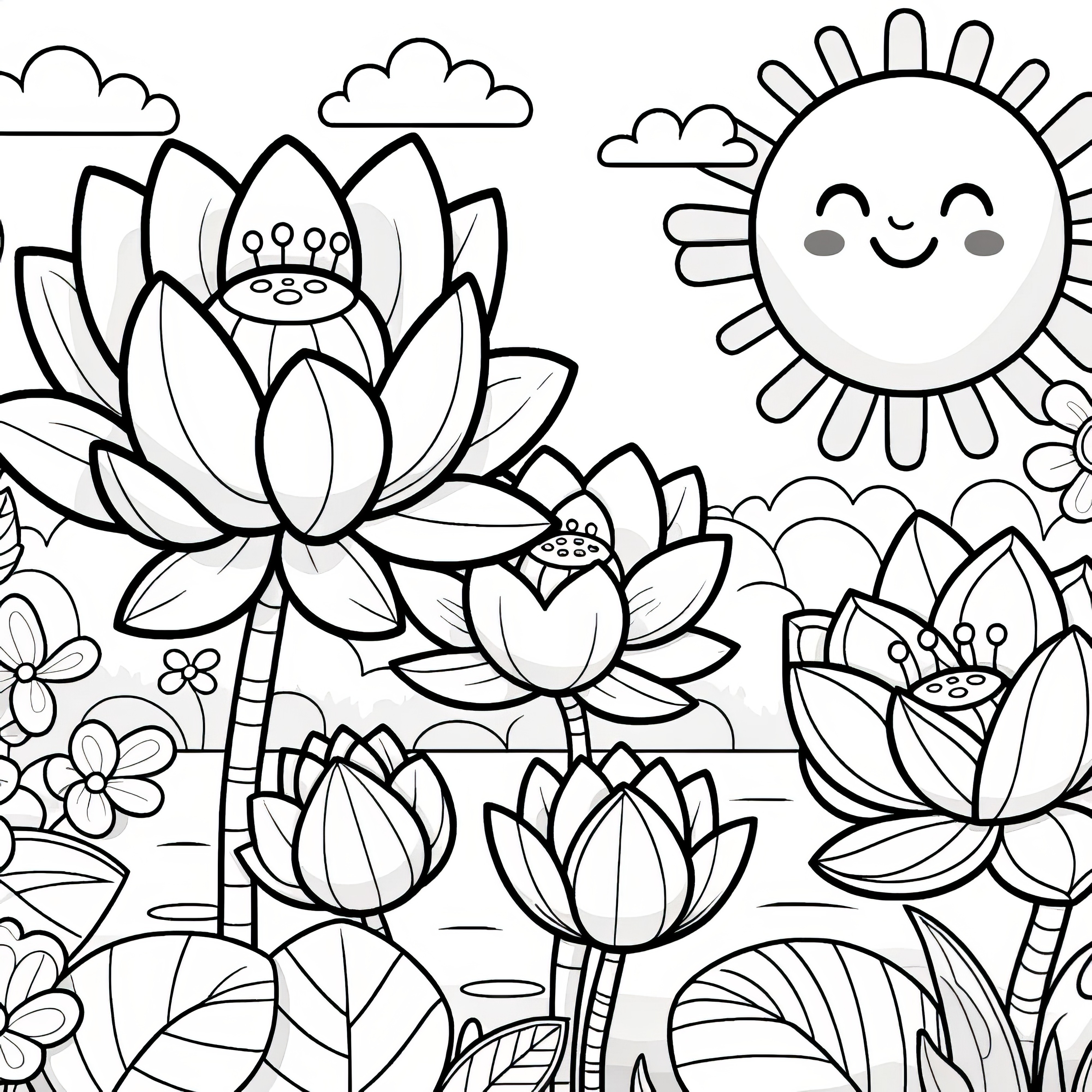 Lotus flowers to color with friendly sun (Free)