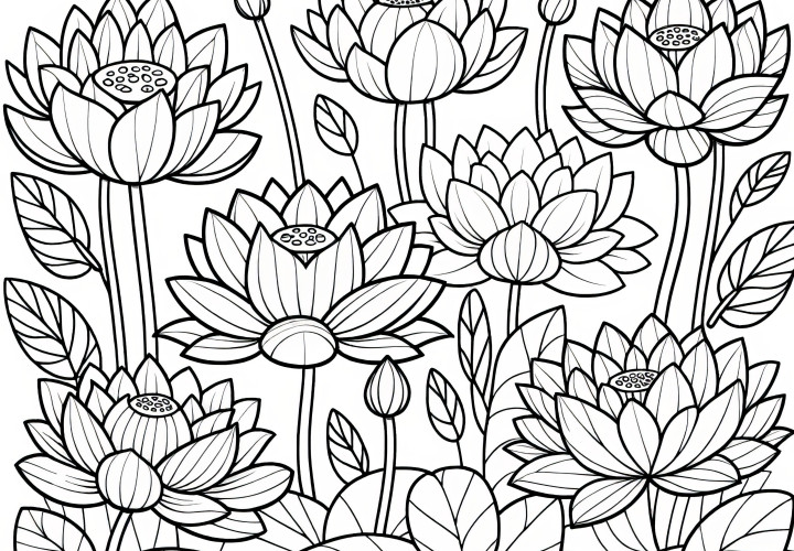 Detailed lotus flower blossoms as a coloring template (free)