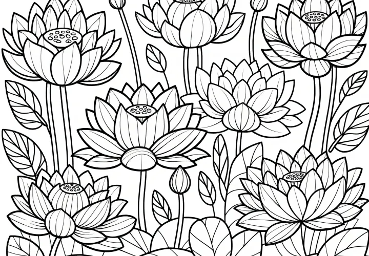 Detailed lotus flower blossoms as a coloring template (free)