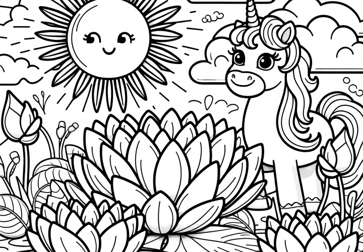 Flores de lótus, unicórnio e sol: imagem para colorir para crianças (gratuito)