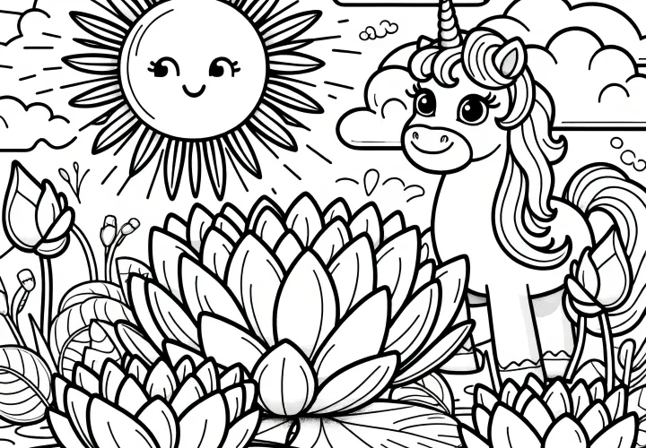 Fiori di loto, unicorno e sole: disegno da colorare per bambini (Gratuito)