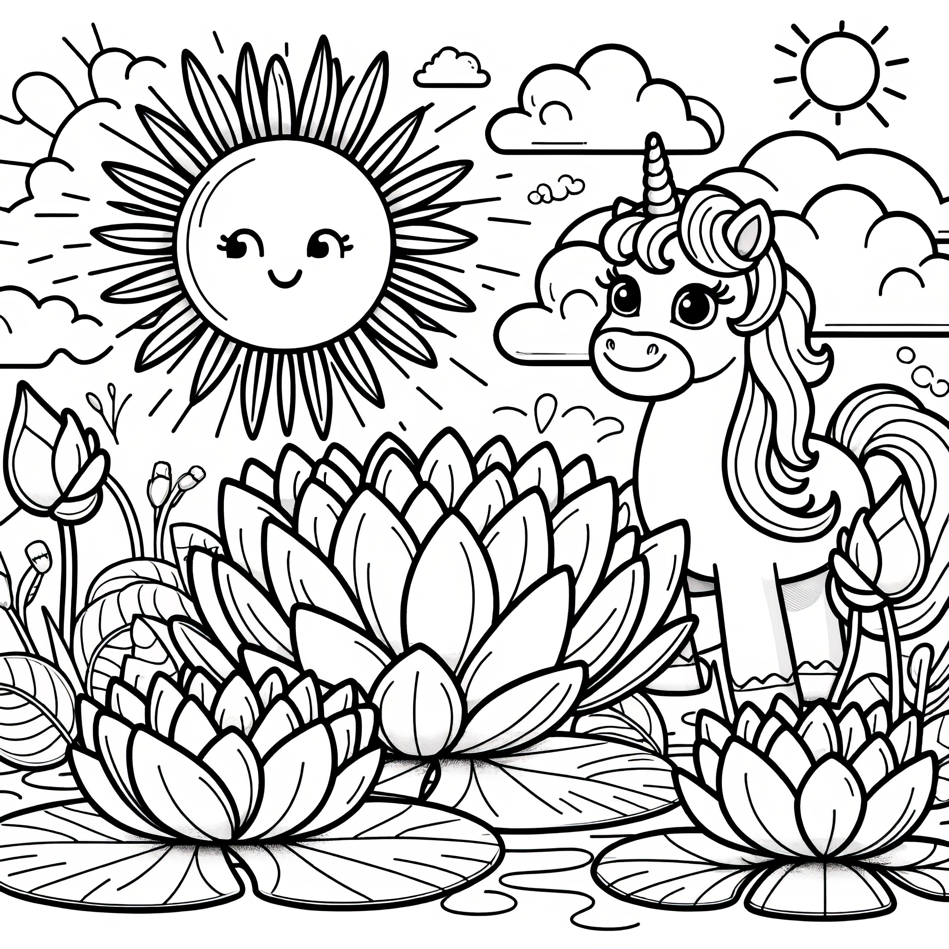 Flores de lótus, unicórnio e sol: imagem para colorir para crianças (gratuito)