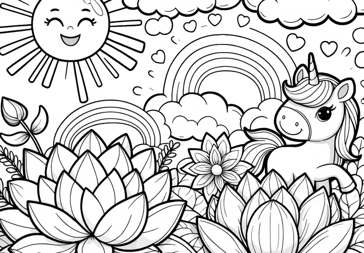 Lotus flowers, unicorn, sun with rainbow and clouds: Coloring page in high quality (Free)