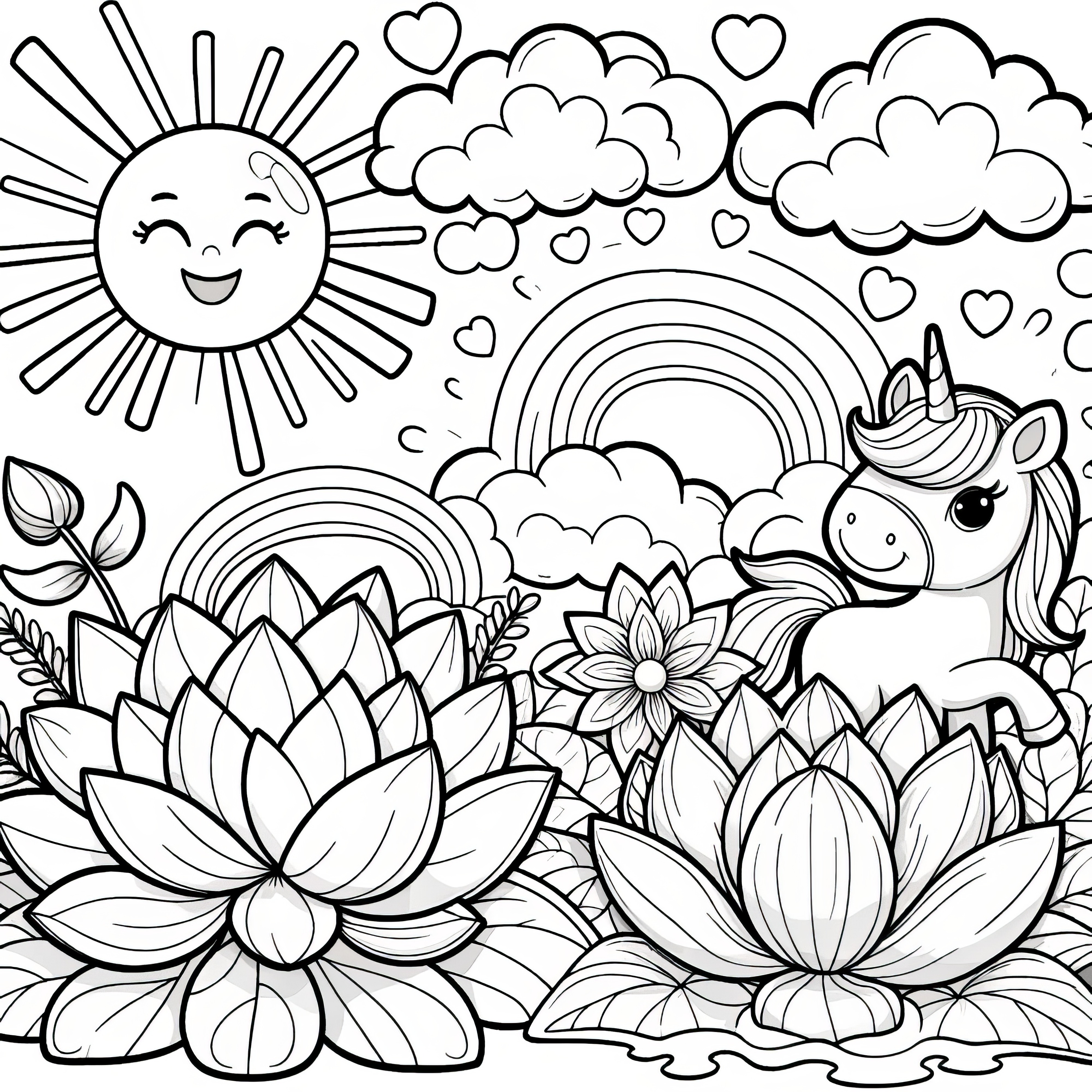 Lotus flowers, unicorn, sun with rainbow and clouds: Coloring page in high quality (Free)