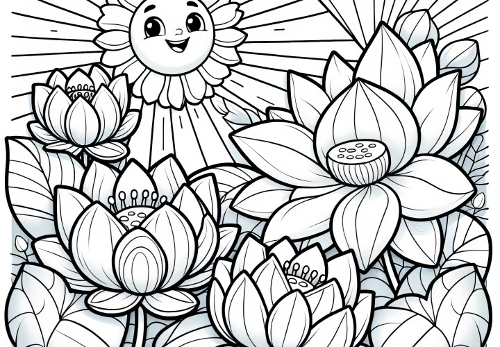 Lotus flowers in the radiant sun: Free coloring page