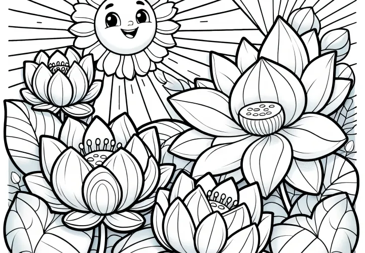 Fiori di loto nel sole splendente: disegno da colorare gratuito