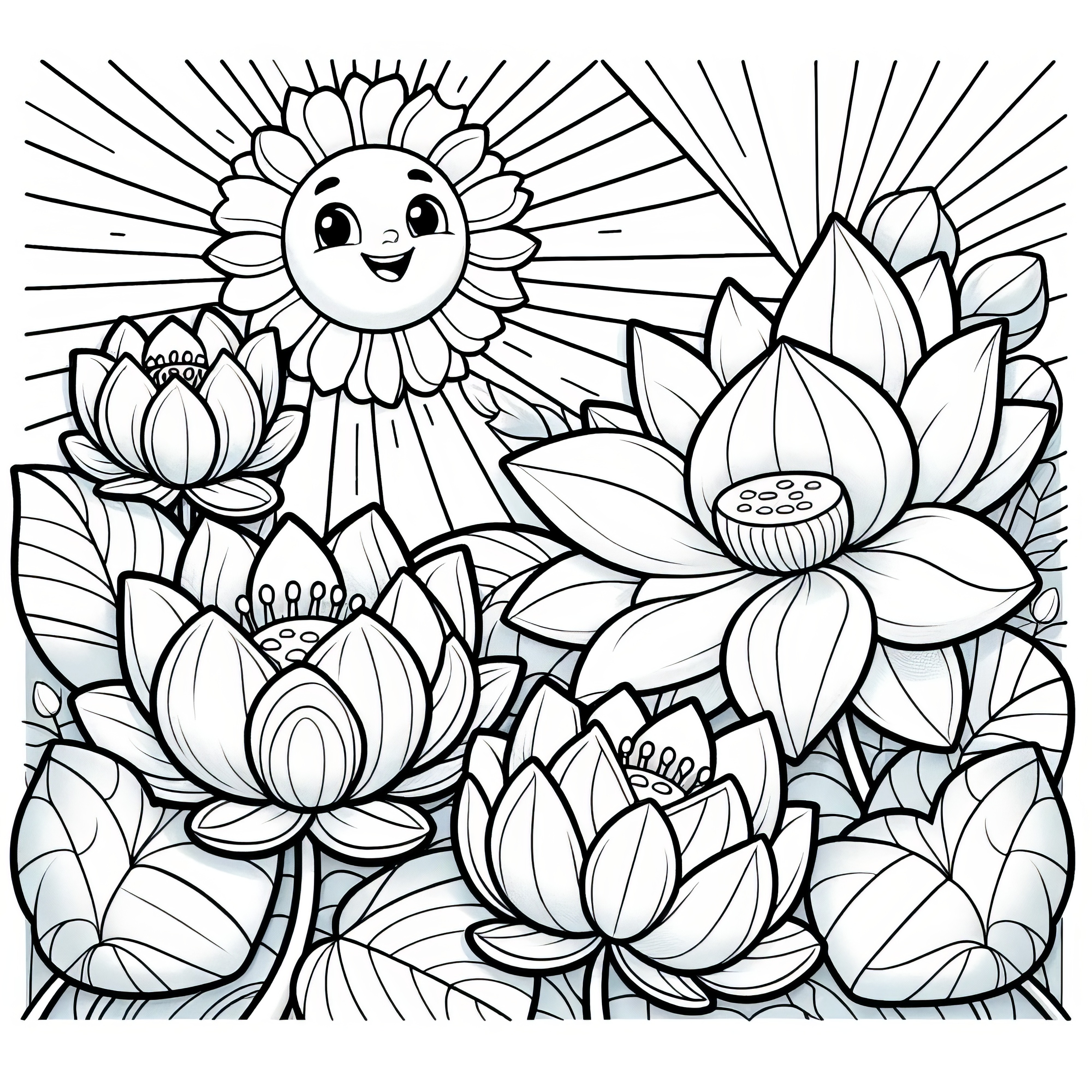 Lotus flowers in the radiant sun: Free coloring page