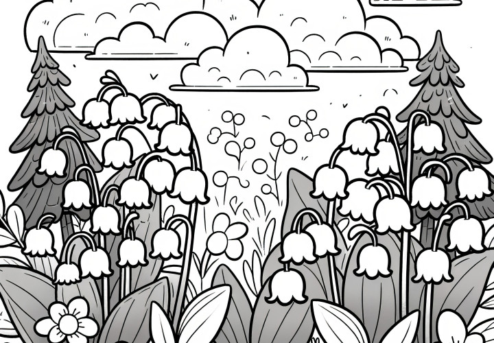 Lily of the valley on the flower meadow under clouds: Free coloring page