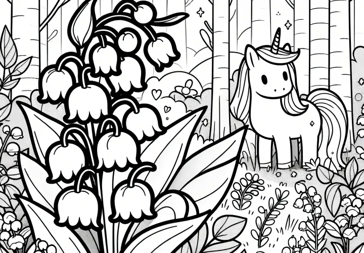 Lily of the valley and unicorn in the enchanted forest: Free coloring page