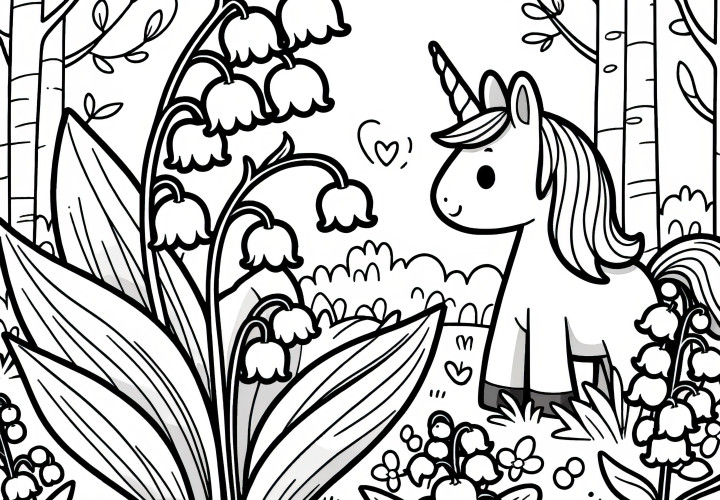 Beautiful lilies of the valley and unicorn in the forest: coloring page for download (Free)