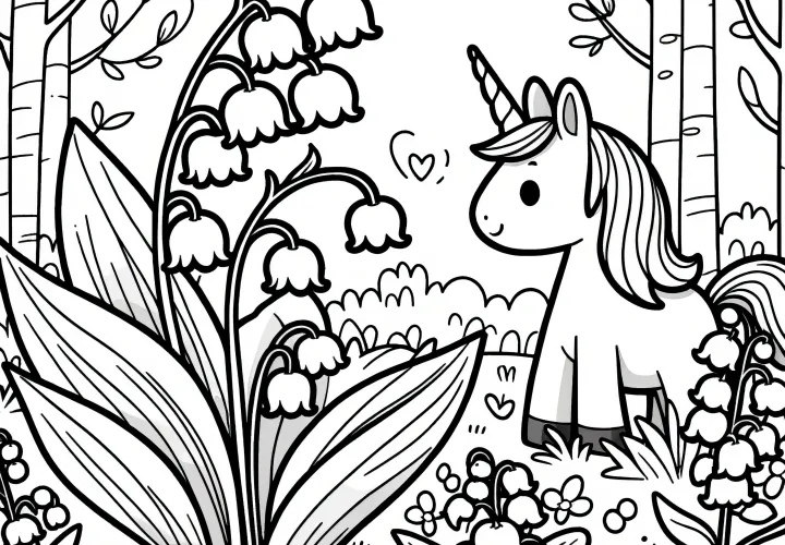 Campanelle e unicorno nel bosco: disegno da colorare da scaricare (Gratuito)