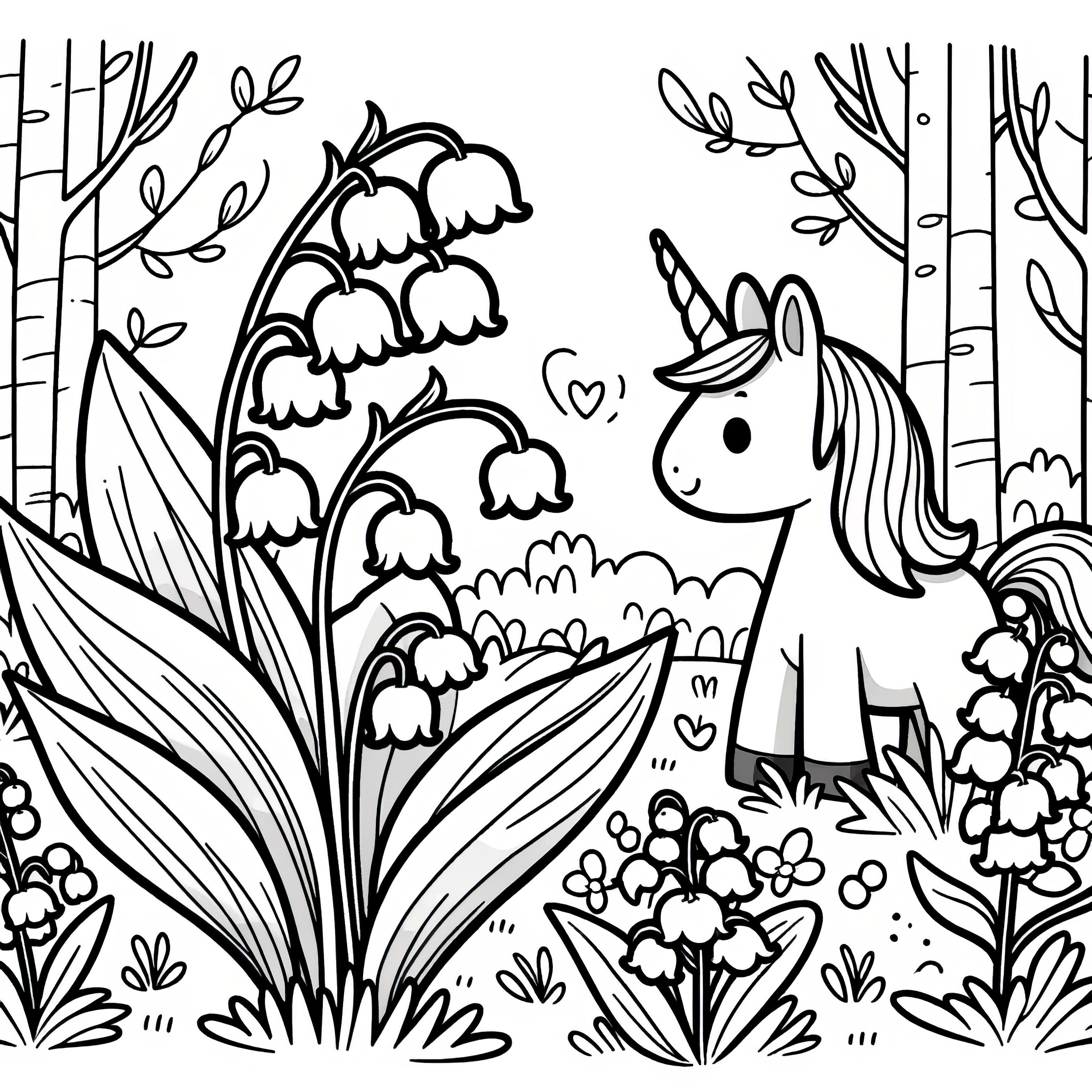 Beautiful lilies of the valley and unicorn in the forest: Coloring page for download (Free)