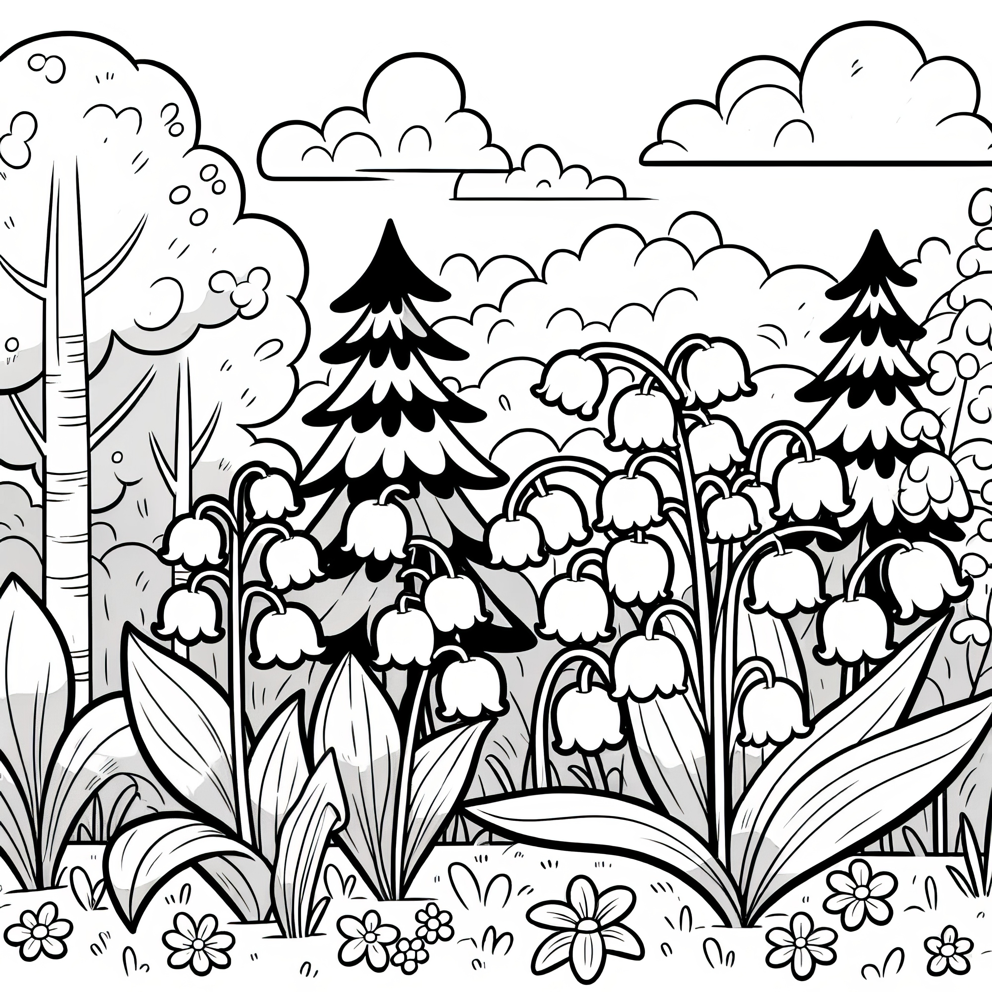 Lily of the valley in dense forest as a coloring template (Free)