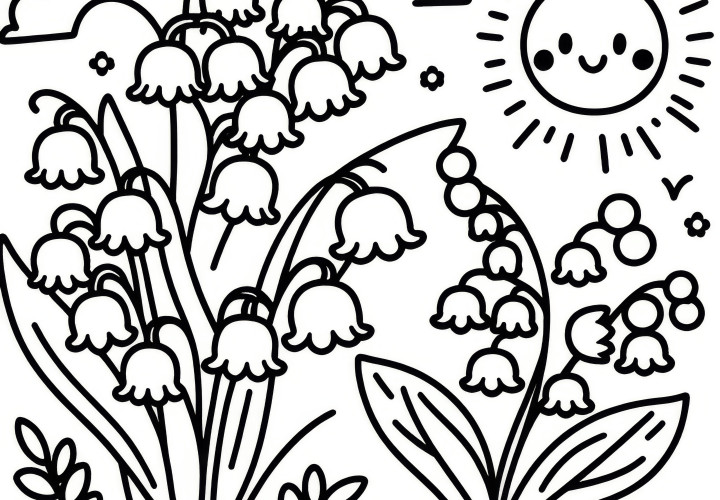 Lily of the valley and smiling sun: Simple coloring page for children (Free)