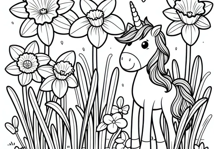 Unicorn among daffodils as a coloring page (Free)