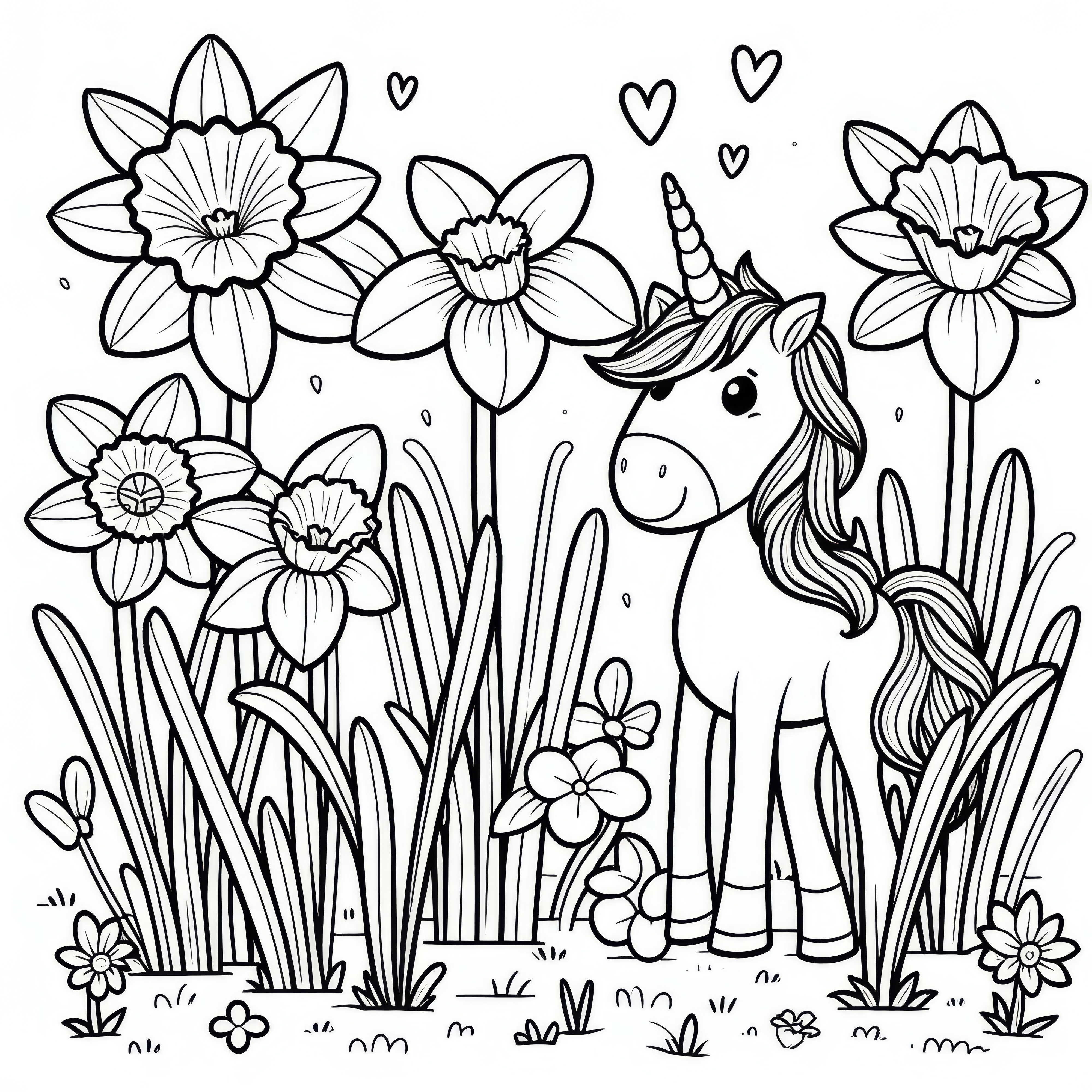 Unicorn among daffodils as a coloring page (Free)