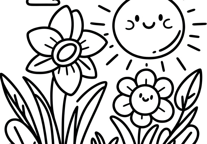 Daffodils on a flower meadow with sun rays: Simple coloring page (Free)