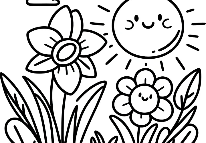 Daffodils on a flower meadow with sun rays: Simple coloring page (Free)