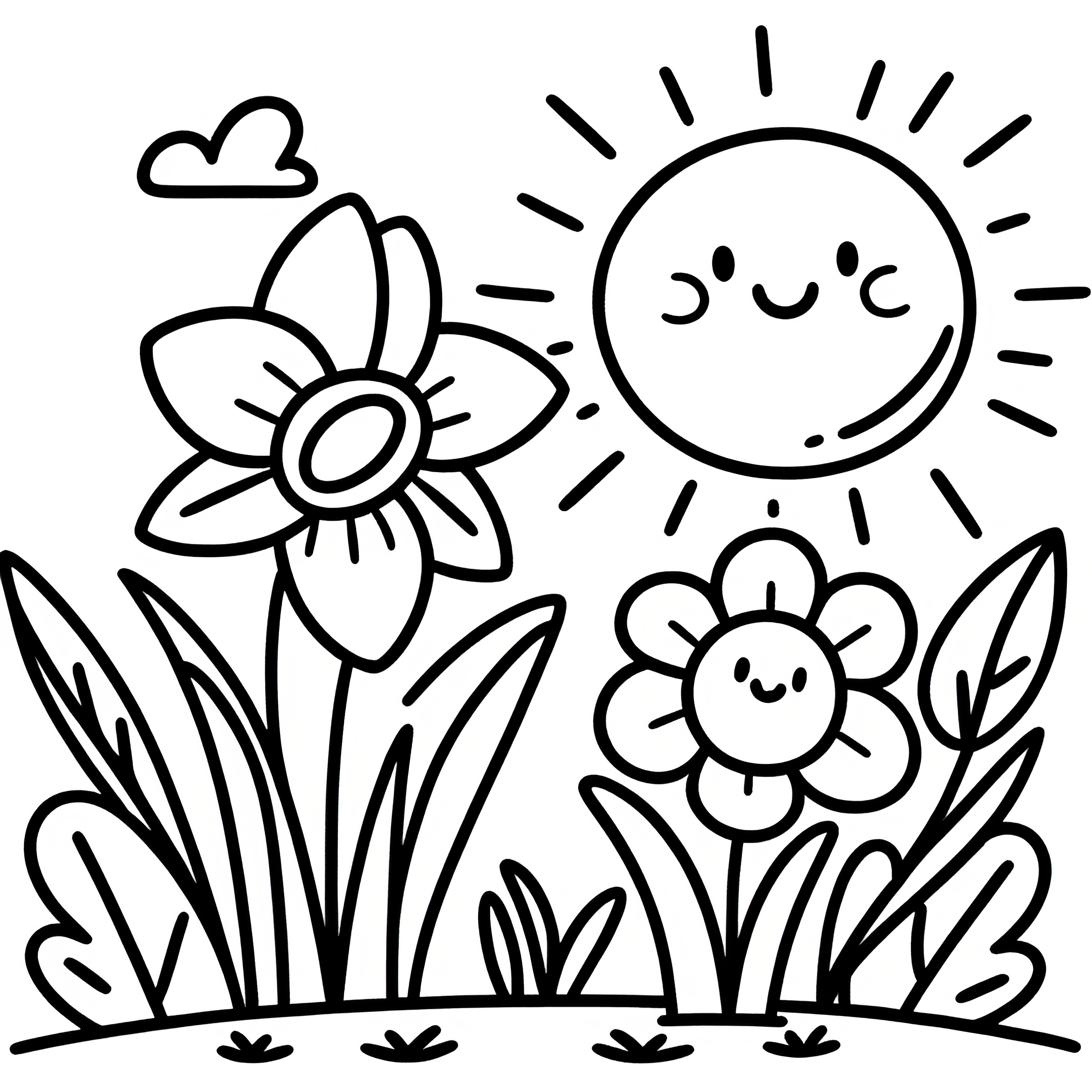 Daffodils on a flower meadow with sunbeams: Simple coloring template (Free)