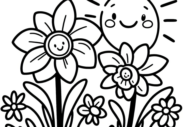 Daffodils in a meadow with sun: Simple coloring picture to download (Free)