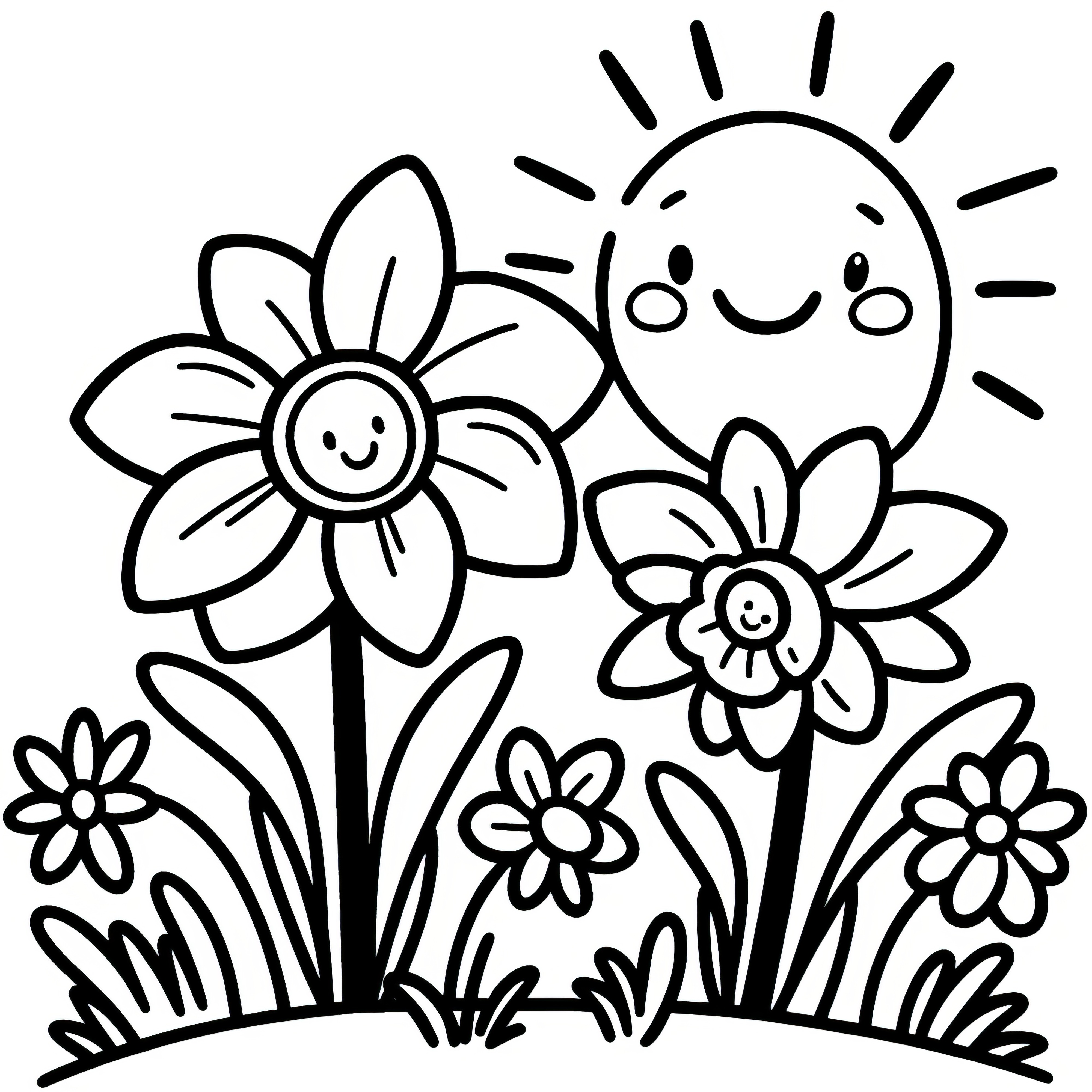 Daffodils in the meadow with sun: Download simple coloring picture (Free)