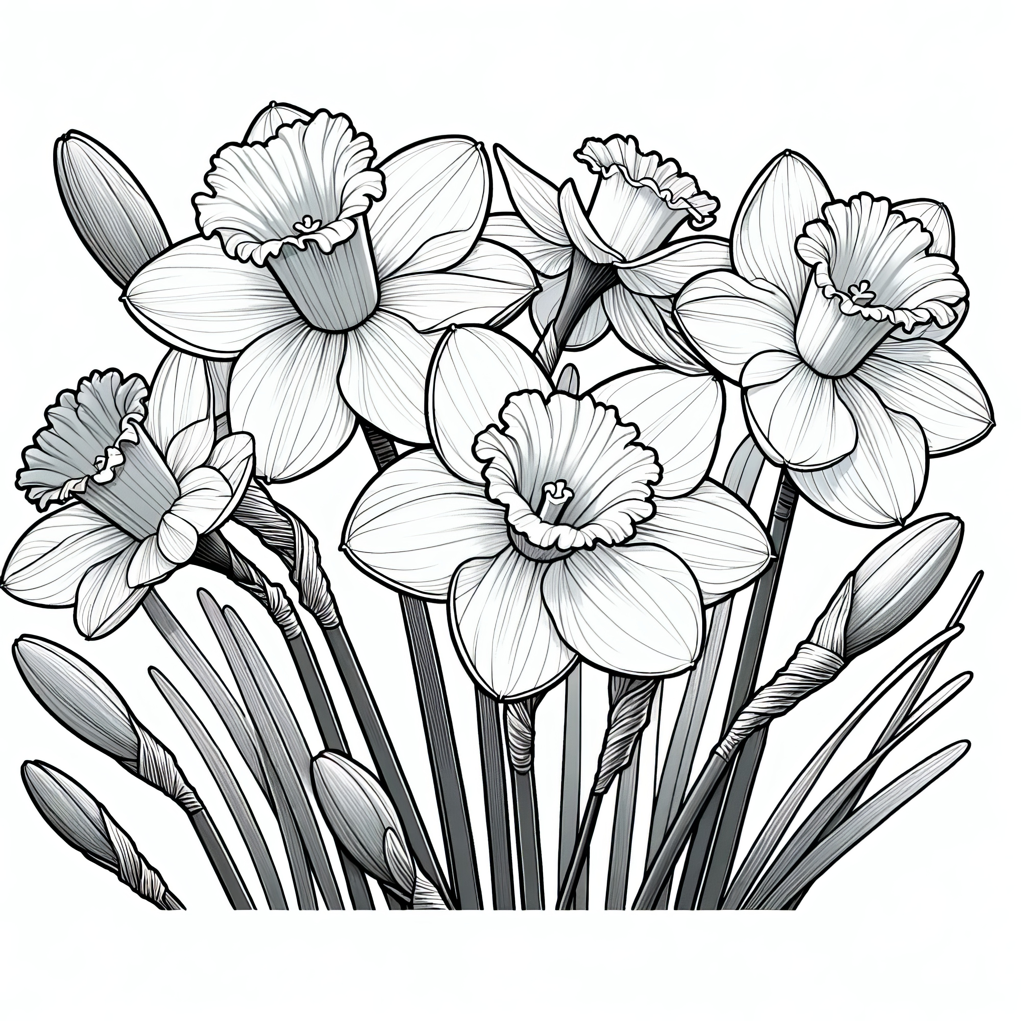 Magnificent daffodil blossoms: coloring page for download (Free)