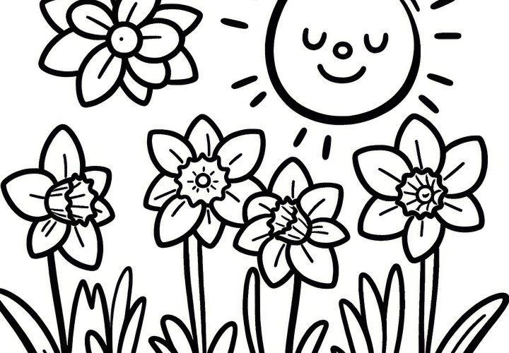 Daffodils on a flower meadow in the sun: Simple coloring page (Free)