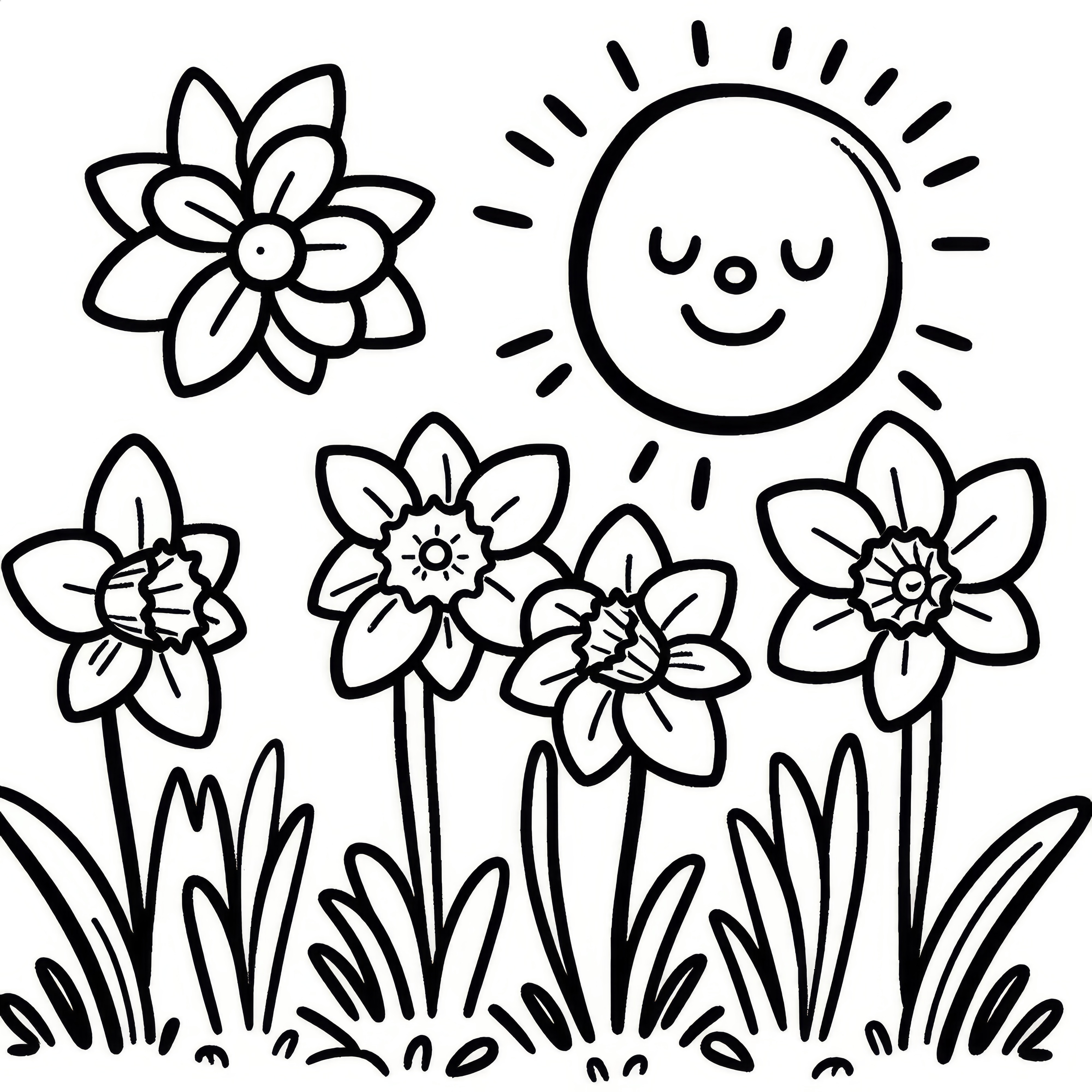 Daffodils on a flower meadow in the sun: Simple coloring page (Free)