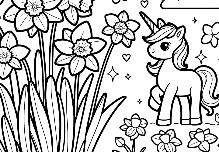 Daffodils and Unicorn: Your free coloring page