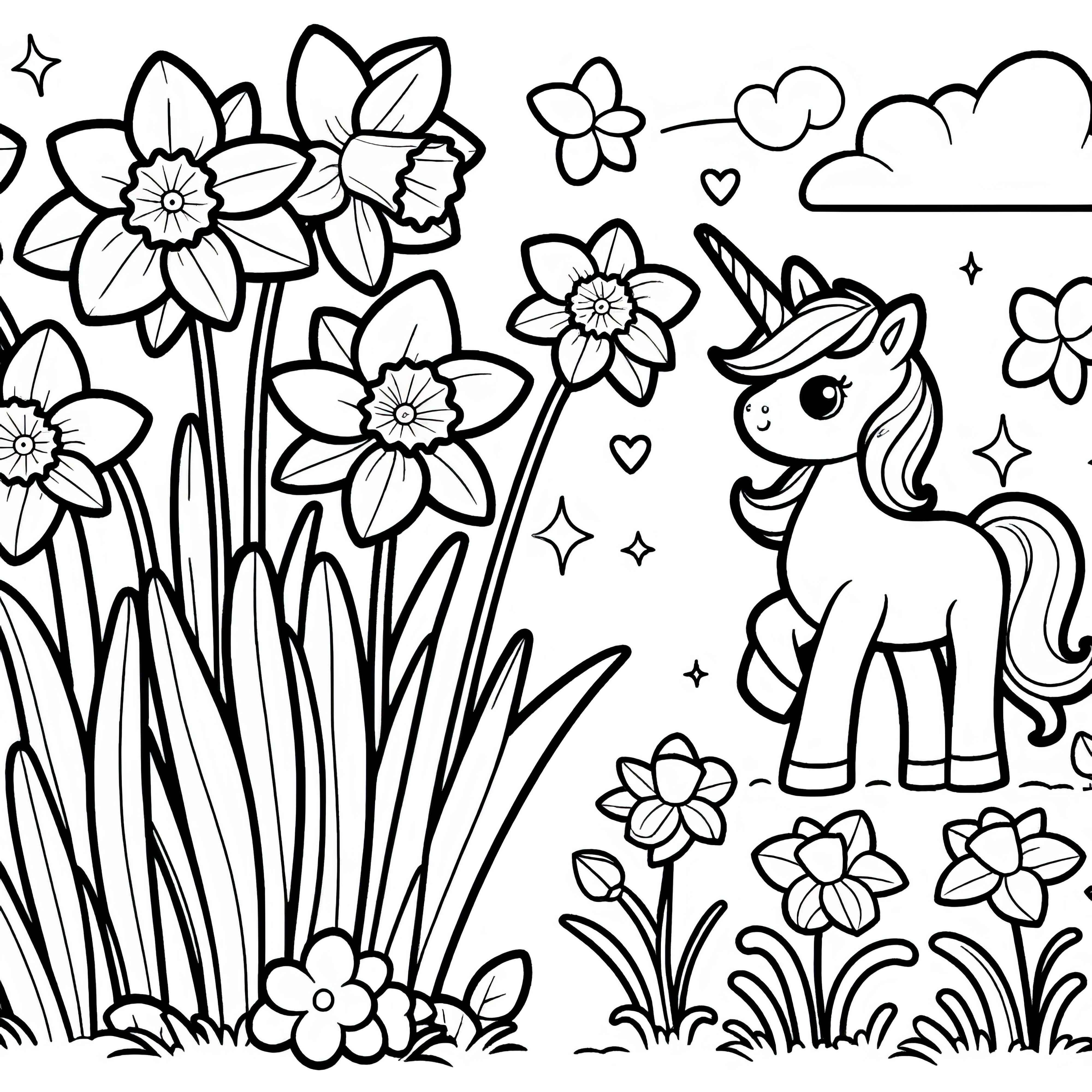 Daffodils and unicorn: Your free coloring picture