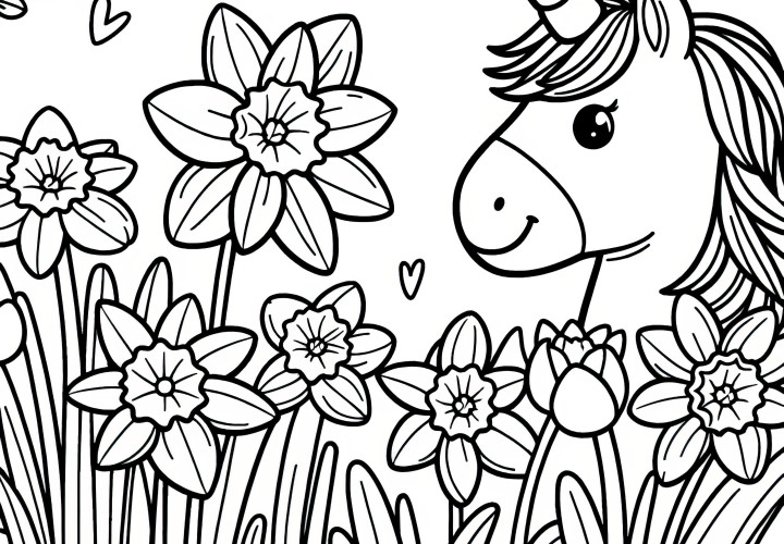 Daffodils and a pretty unicorn as a coloring page (Free)