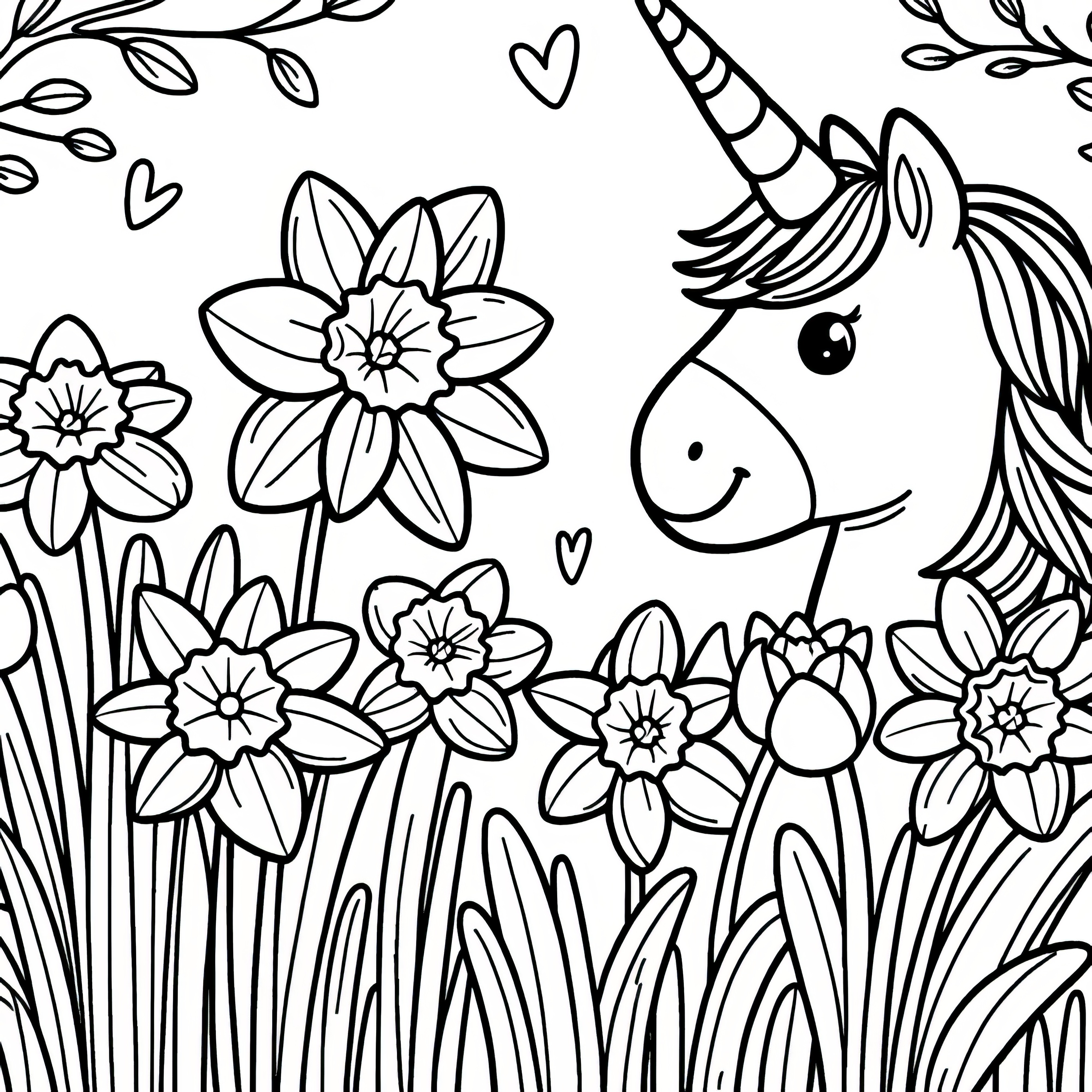 Daffodils and a beautiful unicorn as a coloring sheet (free)