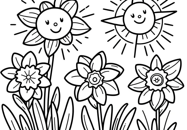 Cheerful coloring page with daffodils and sunflower (Free)