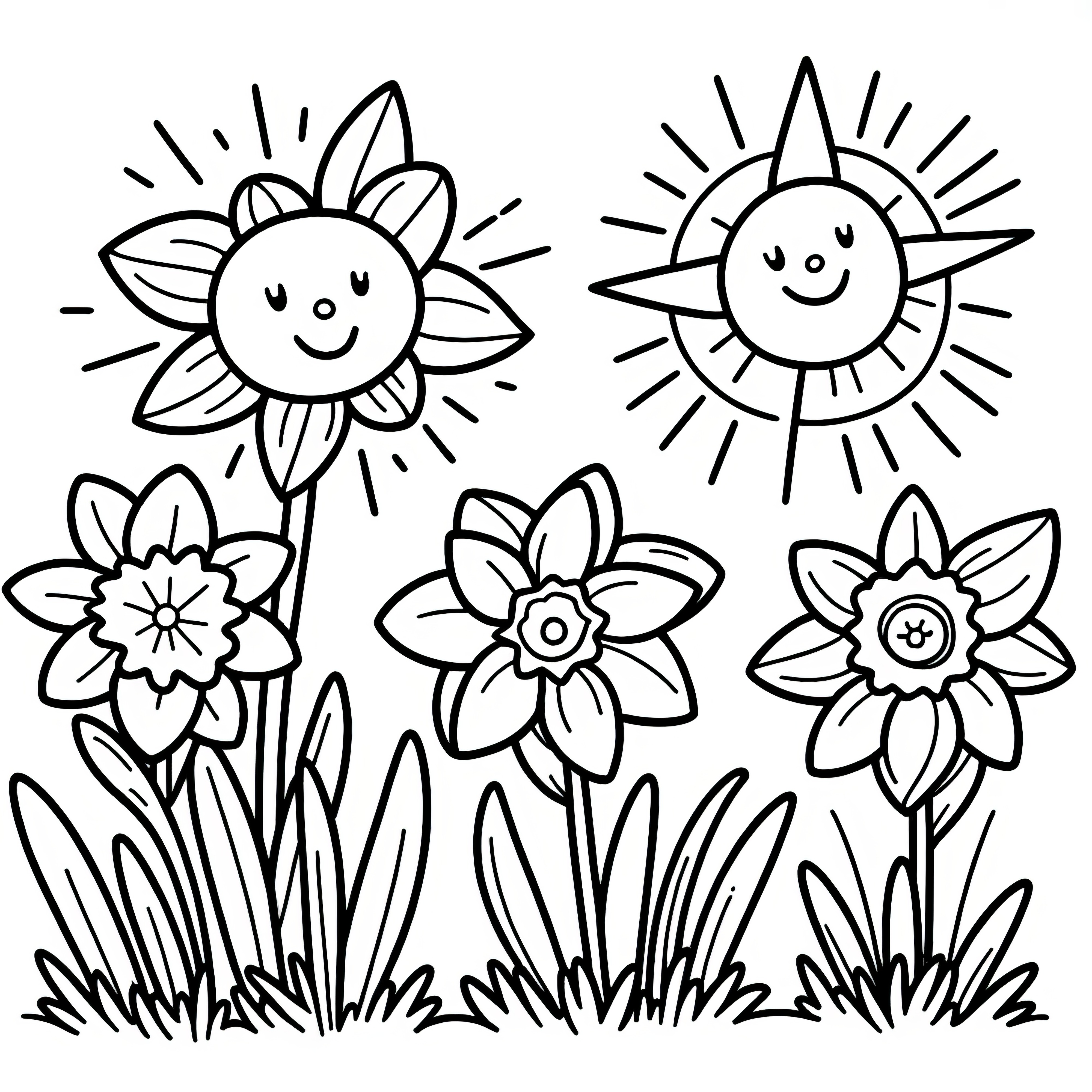 Happy coloring sheet with daffodils and sunflower (Free)