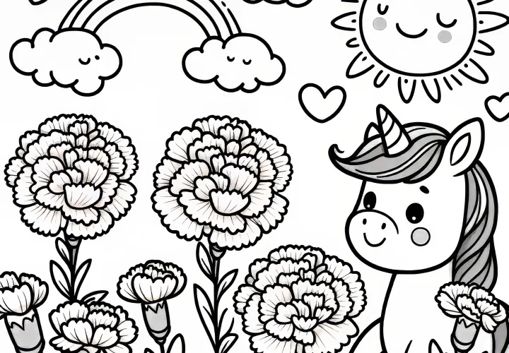 Cute unicorn between carnations and fluffy clouds as a coloring page (Free)