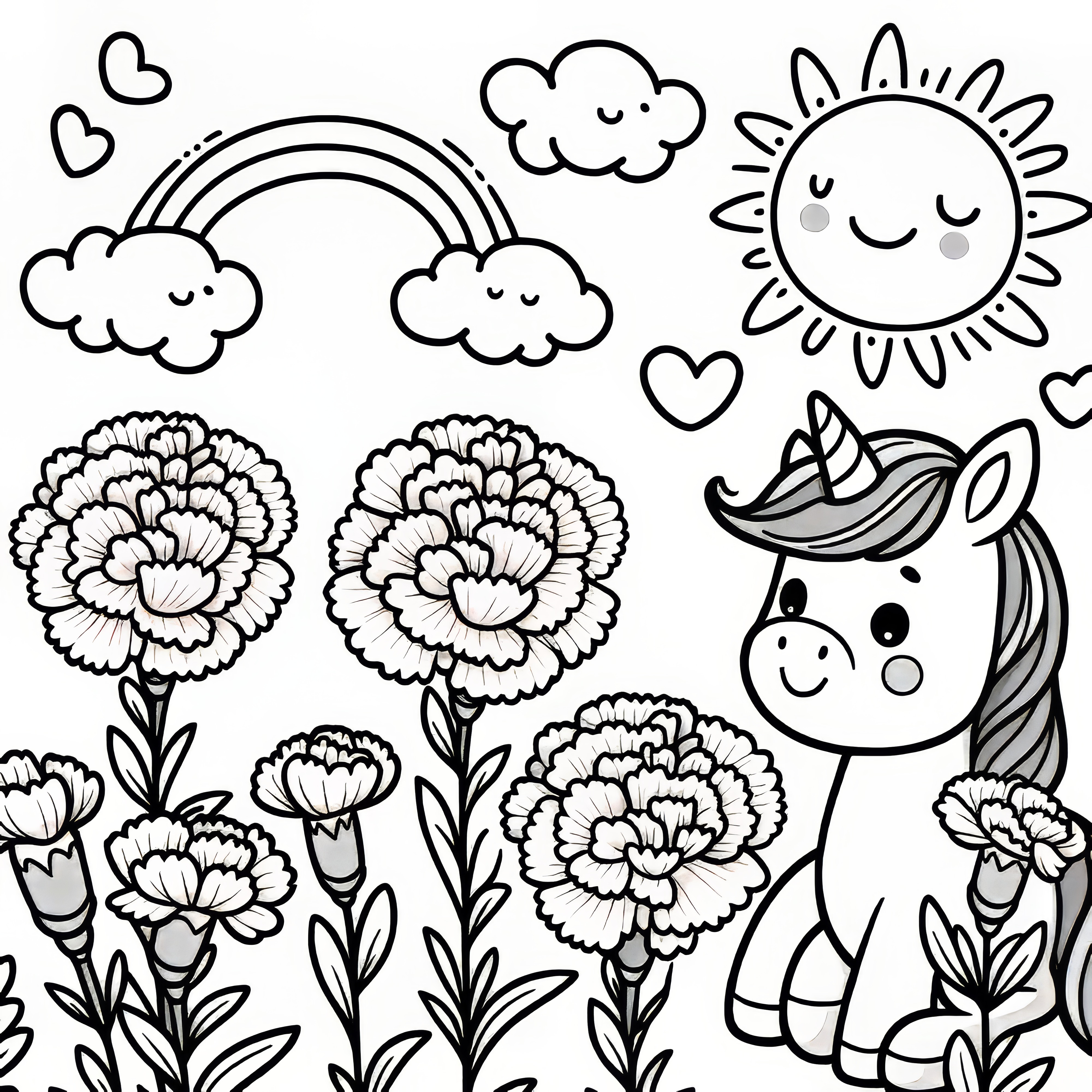 Cute unicorn between carnations and fluffy clouds as a coloring template (Free)