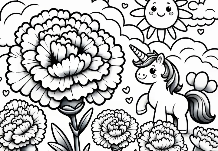 Carnation flowers with unicorn and sun: coloring picture (Free)