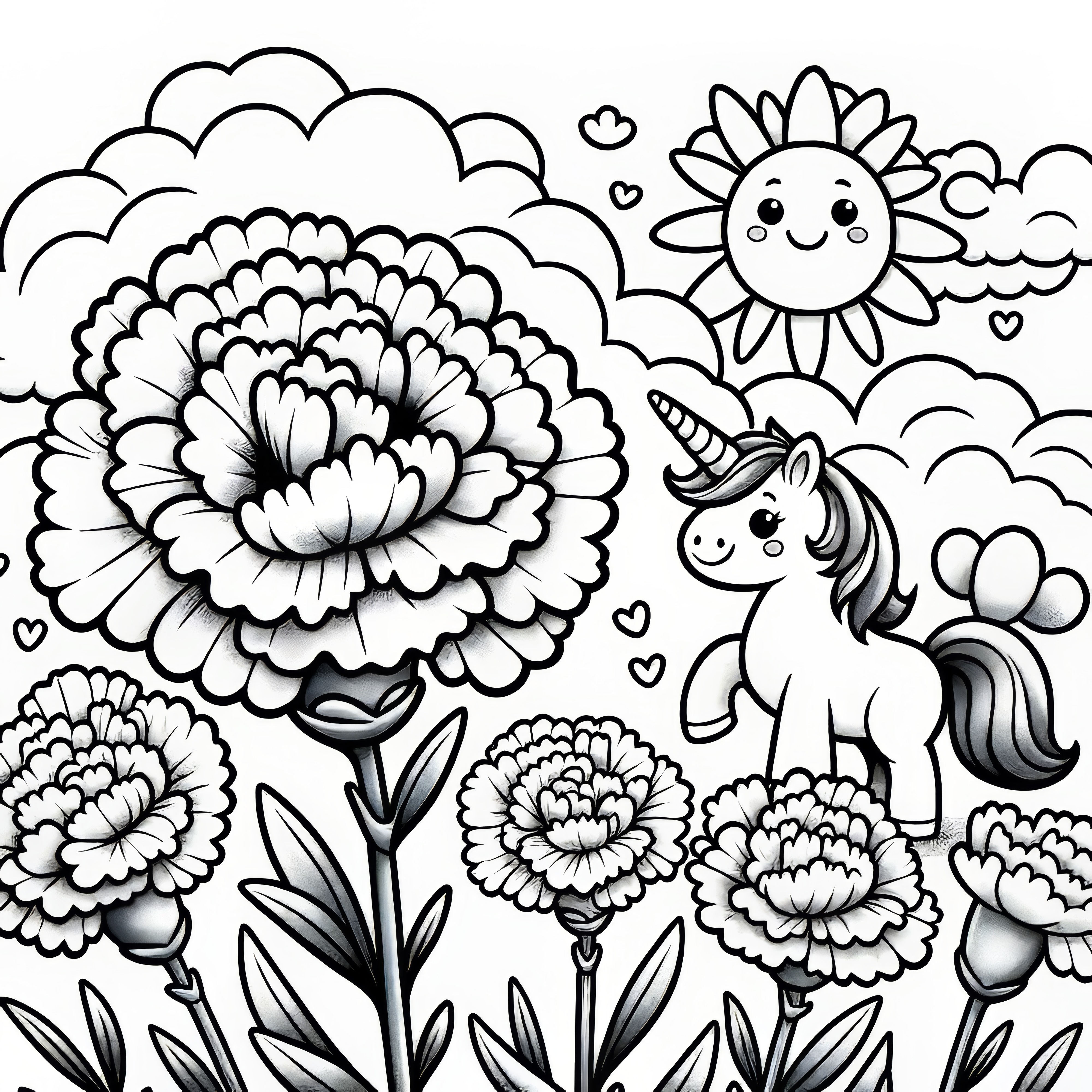 Cravos em flor com unicórnio e sol: Desenho para colorir (gratuito)