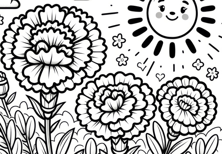 Cravos com um grande sol: imagem de uma flor para colorir (gratuito)