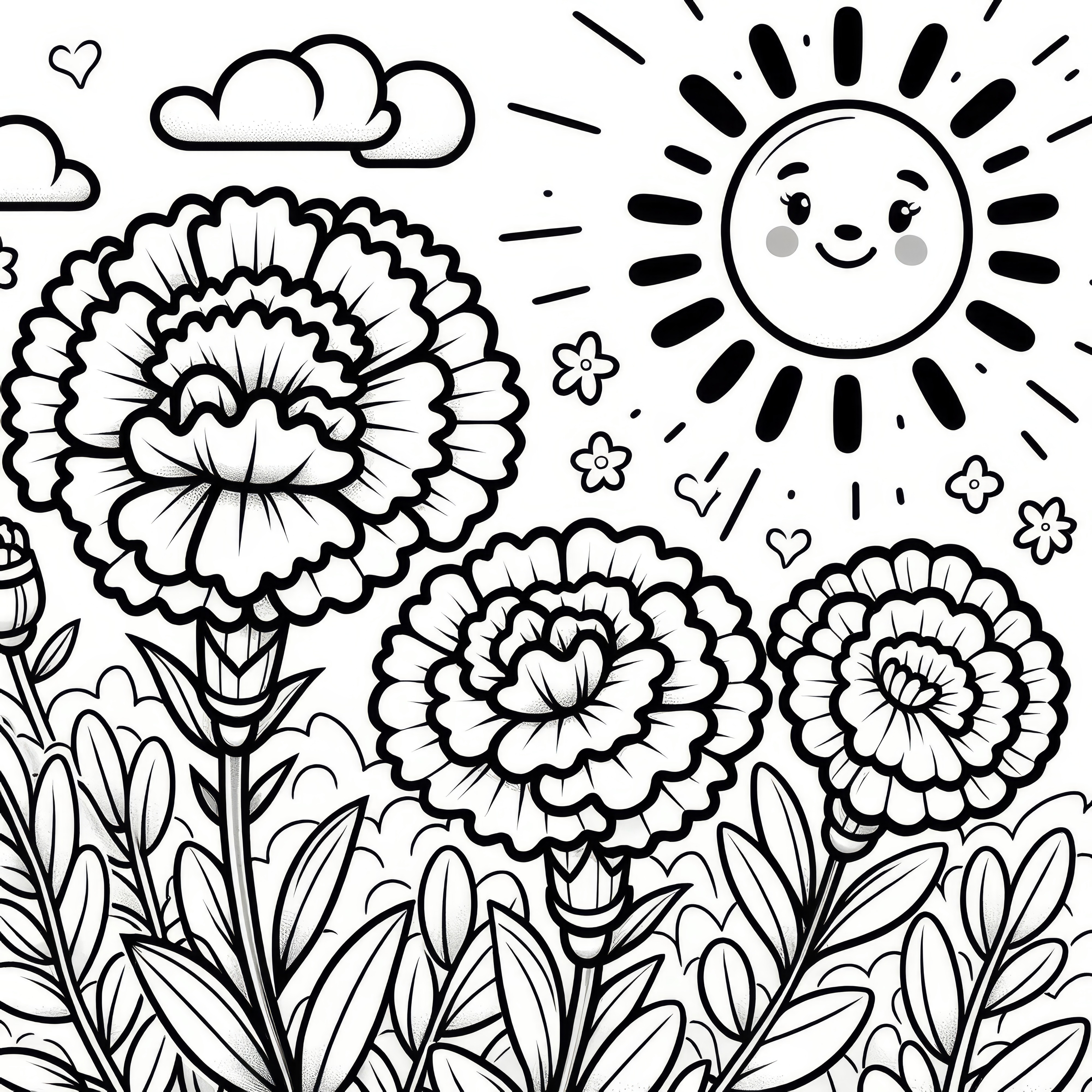 Carnations with big sun: Flower picture to color (Free)