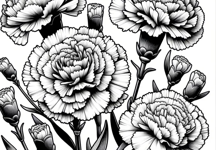 Carnations in a bouquet: Realistic coloring picture (Free)